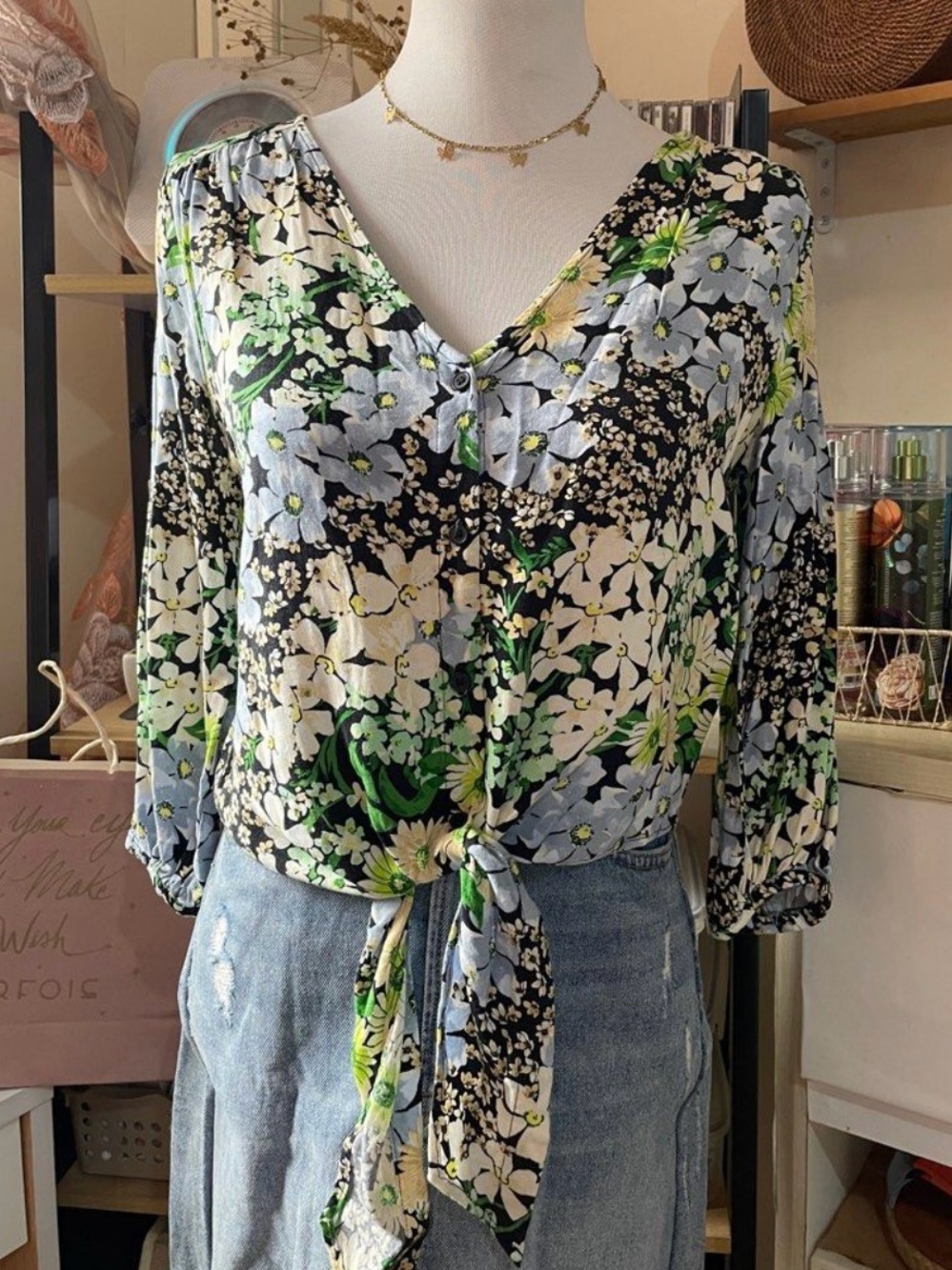 H&M Floral Tie-Front V-Neck Blouse - Black, White & Green